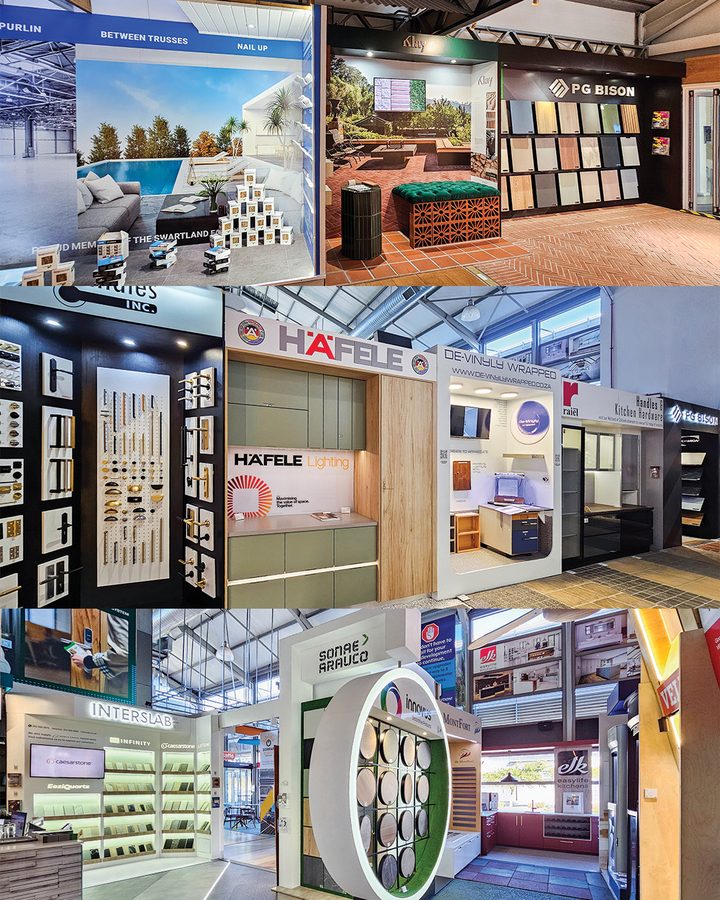 Supplier display stands showing building products and finishes